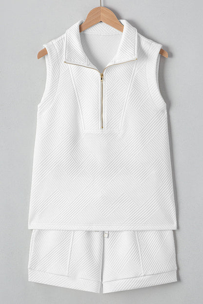 White Textured Half Zip Tank Top Drawstring Shorts Set - Two Piece Sets/Short Sets