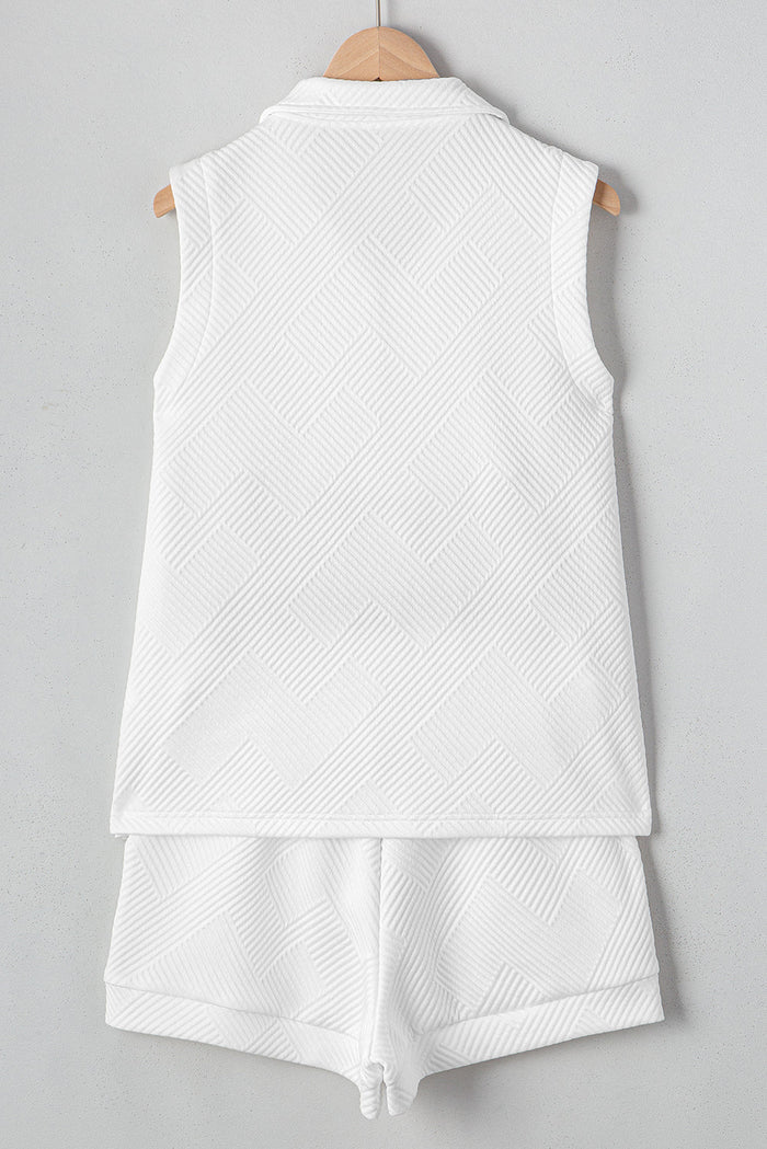White Textured Half Zip Tank Top Drawstring Shorts Set - Two Piece Sets/Short Sets