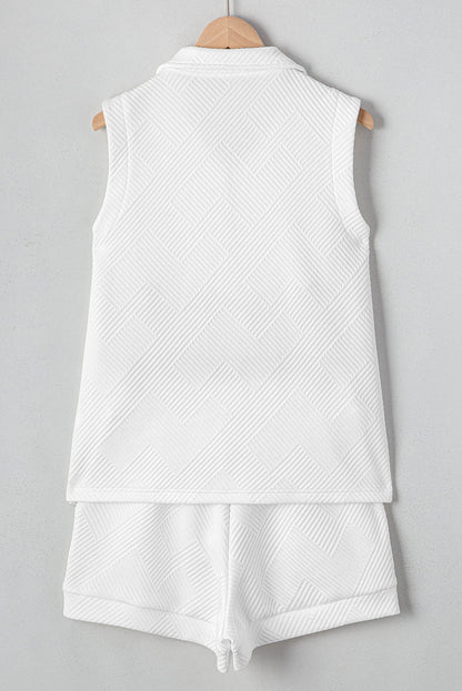 White Textured Half Zip Tank Top Drawstring Shorts Set - Two Piece Sets/Short Sets