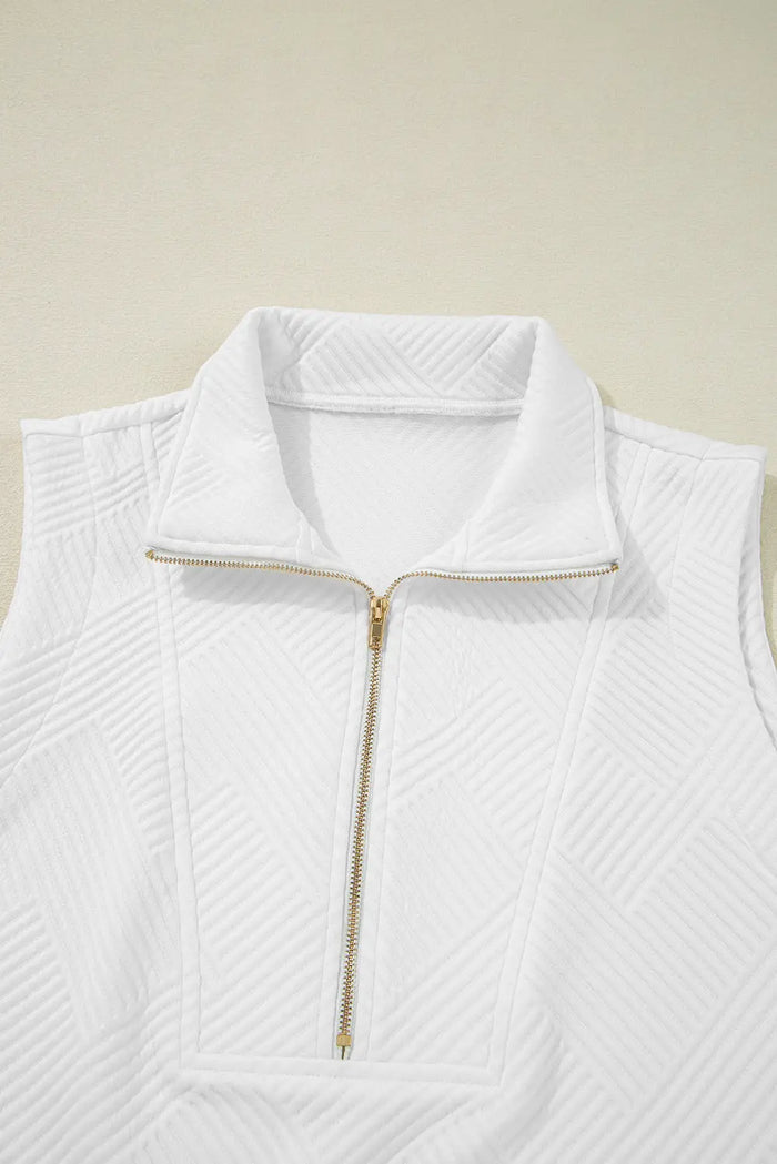 White Textured Half Zip Tank Top Drawstring Shorts Set - Two Piece Sets/Short Sets