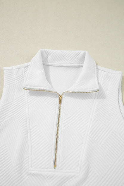 White Textured Half Zip Tank Top Drawstring Shorts Set - Two Piece Sets/Short Sets