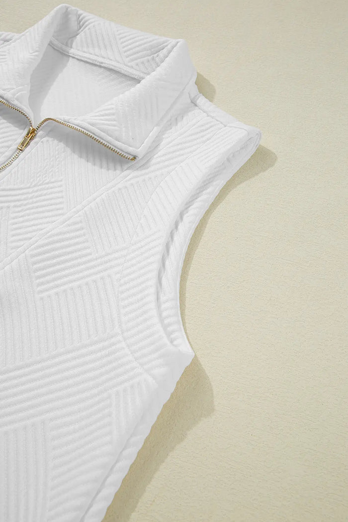 White Textured Half Zip Tank Top Drawstring Shorts Set - Two Piece Sets/Short Sets