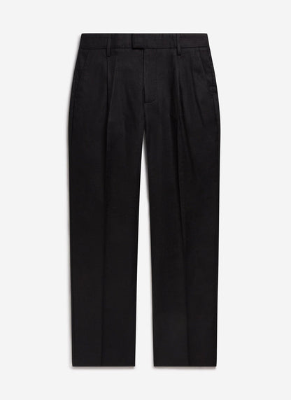 A flat-lay shot of the Percival Wide Leg Trousers in black linen, showing the front pleats and relaxed silhouette.