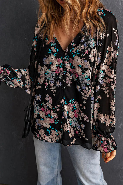 Black Wildflower Print Chiffon Blouse - BLACK / S / 100% POLYESTER - Tops/Blouses & Shirts