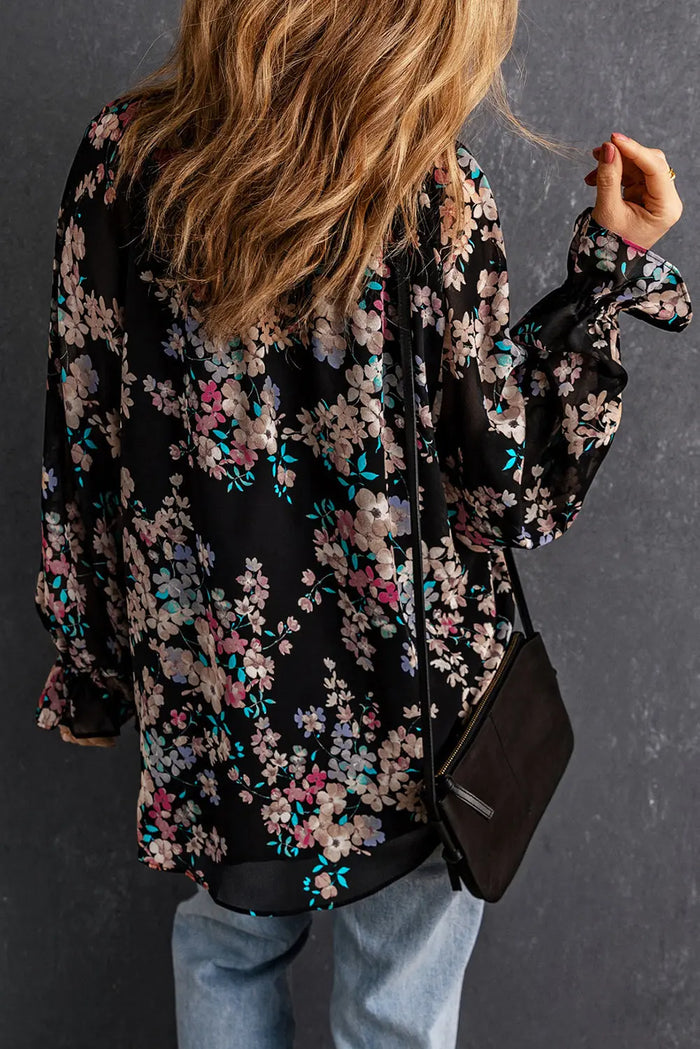 Black Wildflower Print Chiffon Blouse - Tops/Blouses & Shirts