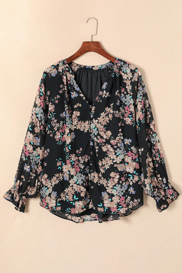 Black Wildflower Print Chiffon Blouse - Tops/Blouses & Shirts