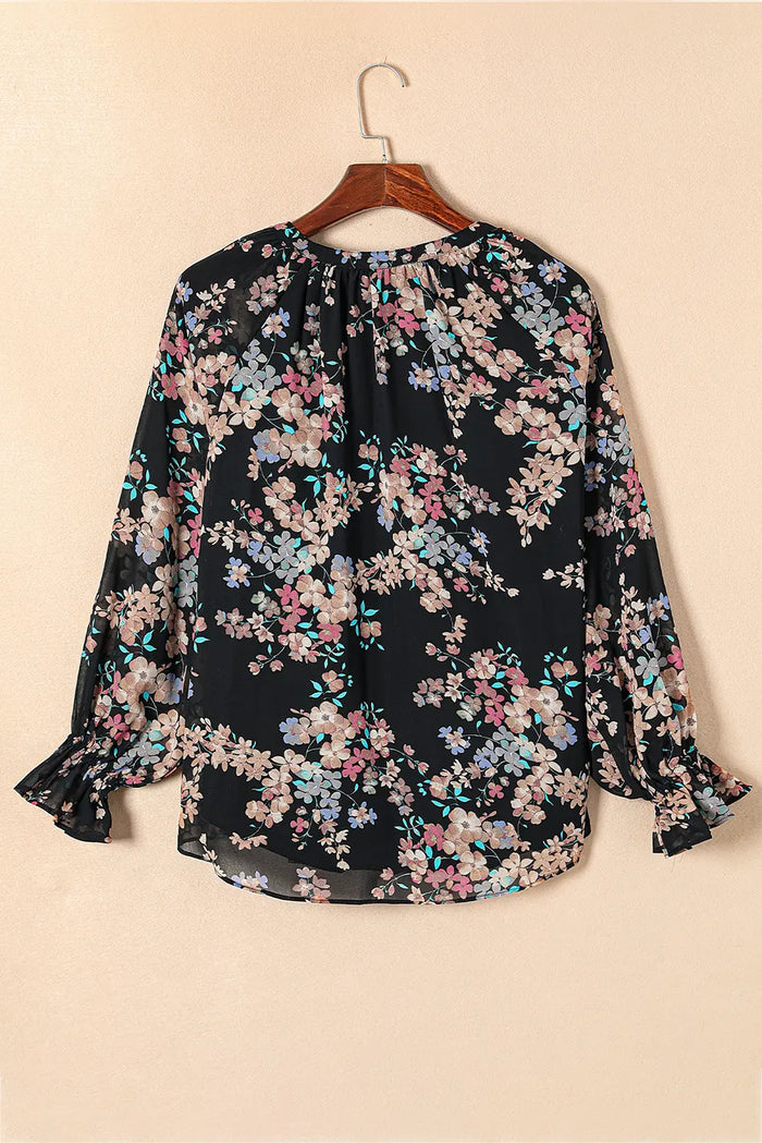 Black Wildflower Print Chiffon Blouse - Tops/Blouses & Shirts