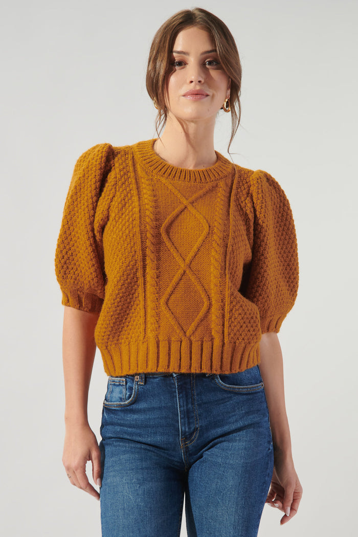 Wish You Well Cable Knit Puff Sleeve Sweater Top