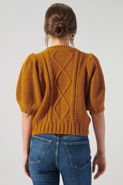 Wish You Well Cable Knit Puff Sleeve Sweater Top