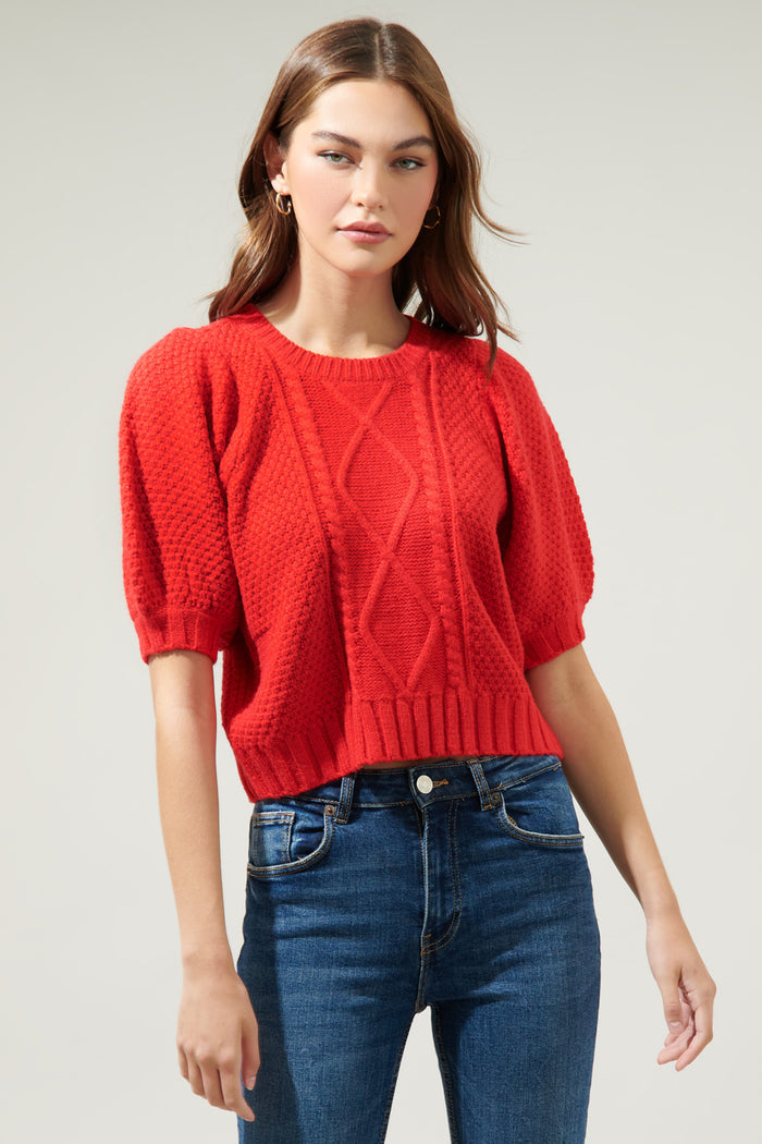 Wish You Well Cable Knit Puff Sleeve Sweater Top