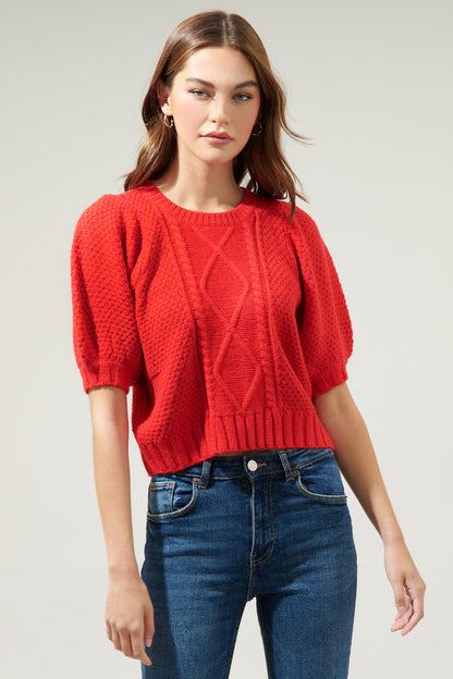 Wish You Well Cable Knit Puff Sleeve Sweater Top