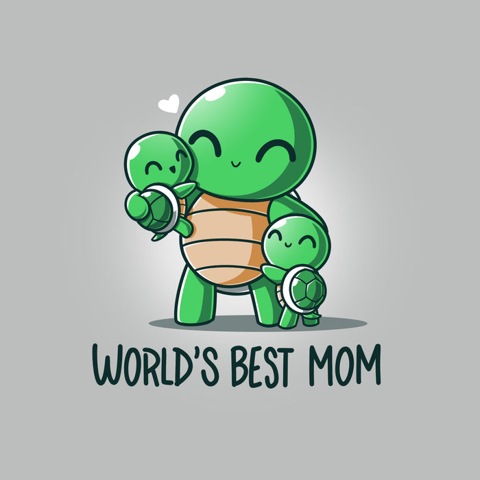 Premium Cotton T-shirt_TeeTurtle World's Best Mom Silver Gray t-shirt featuring cartoon turtle mom holding one baby turtle and hugging another with the text "World's Best Mom apparel" below them. A small heart floats near her head.