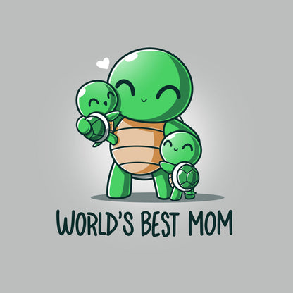 Premium Cotton T-shirt_TeeTurtle World's Best Mom Silver Gray t-shirt featuring cartoon turtle mom holding one baby turtle and hugging another with the text "World's Best Mom apparel" below them. A small heart floats near her head.