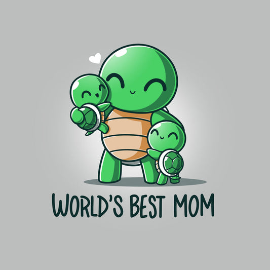 Premium Cotton T-shirt_TeeTurtle World's Best Mom Silver Gray t-shirt featuring cartoon turtle mom holding one baby turtle and hugging another with the text "World's Best Mom apparel" below them. A small heart floats near her head.