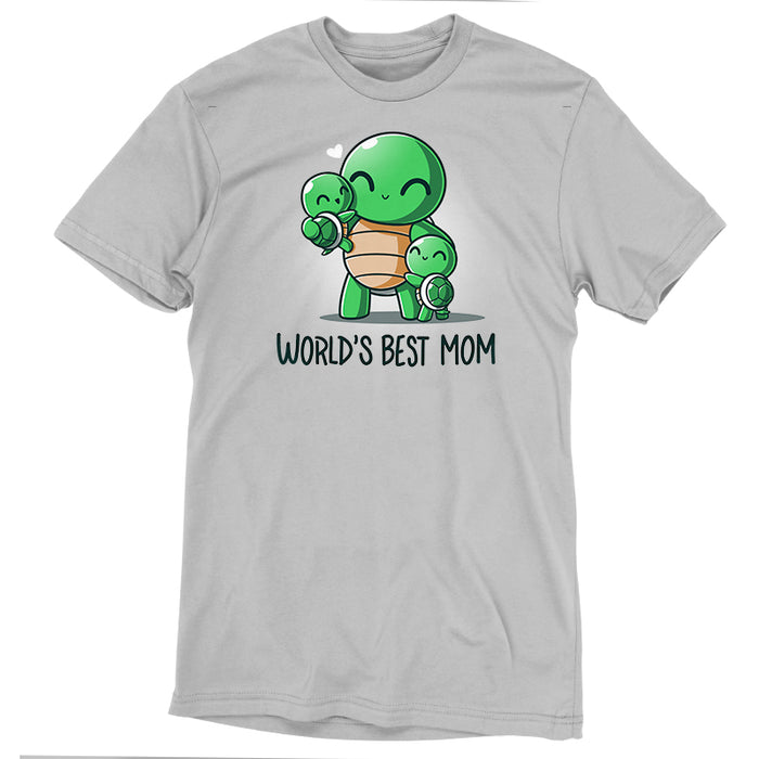 Premium Cotton T-shirt_TeeTurtle World's Best Mom Silver Gray t-shirt featuring cartoon turtle mom holding one baby turtle and hugging another with the text "World's Best Mom apparel" below them. A small heart floats near her head.
