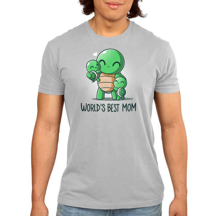 Premium Cotton T-shirt_TeeTurtle World's Best Mom Silver Gray t-shirt featuring cartoon turtle mom holding one baby turtle and hugging another with the text "World's Best Mom apparel" below them. A small heart floats near her head.