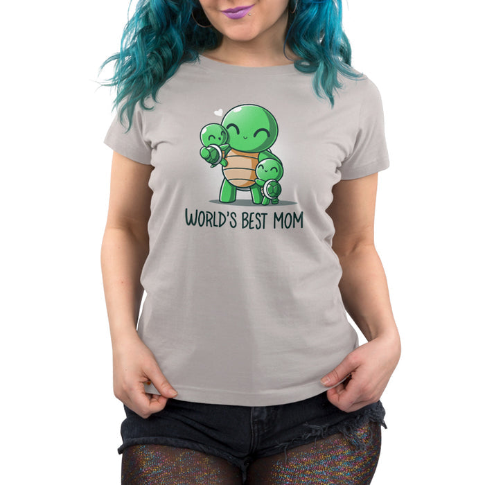 Premium Cotton T-shirt_TeeTurtle World's Best Mom Silver Gray t-shirt featuring cartoon turtle mom holding one baby turtle and hugging another with the text "World's Best Mom apparel" below them. A small heart floats near her head.