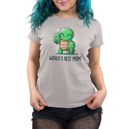 Premium Cotton T-shirt_TeeTurtle World's Best Mom Silver Gray t-shirt featuring cartoon turtle mom holding one baby turtle and hugging another with the text "World's Best Mom apparel" below them. A small heart floats near her head.