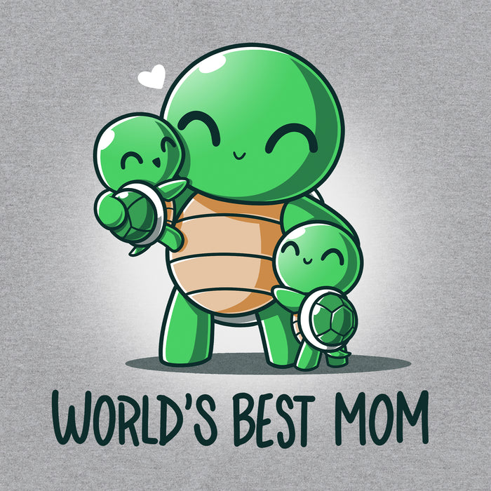 Classic Cotton T-shirt_TeeTurtle World's Best Mom Heather Gray t-shirt featuring cartoon turtle mom holding one baby turtle and hugging another with the text "World's Best Mom apparel" below them. A small heart floats near her head.