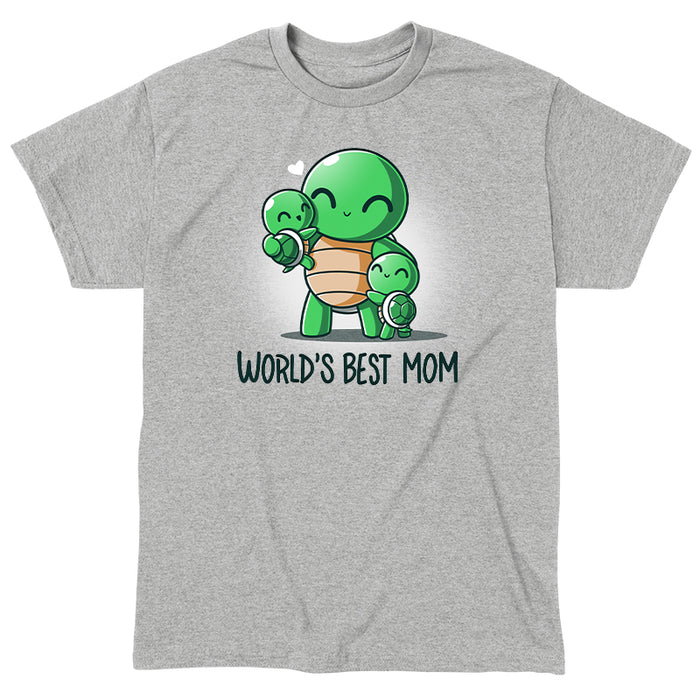 Classic Cotton T-shirt_TeeTurtle World's Best Mom Heather Gray t-shirt featuring cartoon turtle mom holding one baby turtle and hugging another with the text "World's Best Mom apparel" below them. A small heart floats near her head.