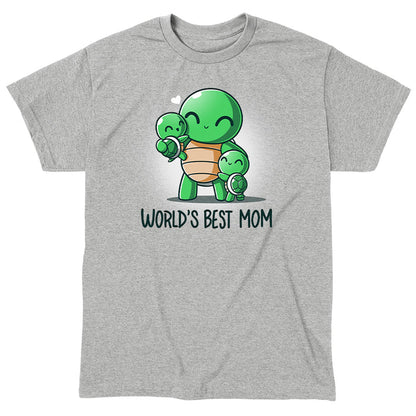 Classic Cotton T-shirt_TeeTurtle World's Best Mom Heather Gray t-shirt featuring cartoon turtle mom holding one baby turtle and hugging another with the text "World's Best Mom apparel" below them. A small heart floats near her head.