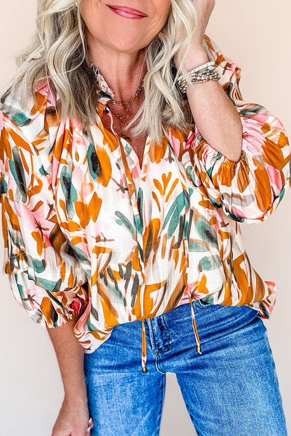 Yellow Abstract Print Drawstring Frilled V Neck 3/4 Sleeve Blouse - YELLOW / S / 100% POLYESTER - Tops/Blouses & Shirts