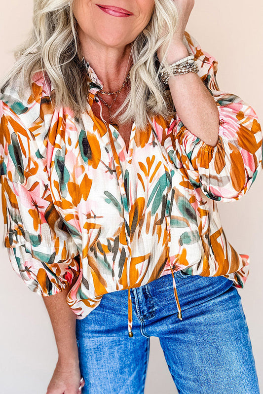 Yellow Abstract Print Drawstring Frilled V Neck 3/4 Sleeve Blouse - YELLOW / S / 100% POLYESTER - Tops/Blouses & Shirts