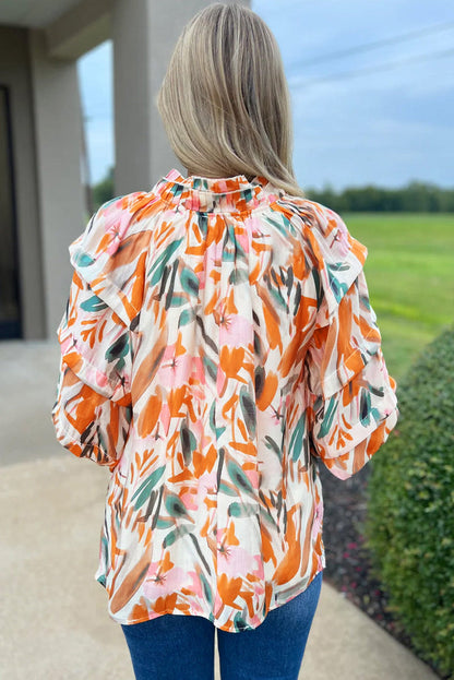 Yellow Abstract Print Drawstring Frilled V Neck 3/4 Sleeve Blouse - Tops/Blouses & Shirts