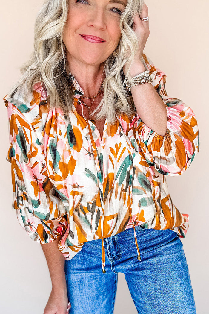 Yellow Abstract Print Drawstring Frilled V Neck 3/4 Sleeve Blouse - Tops/Blouses & Shirts
