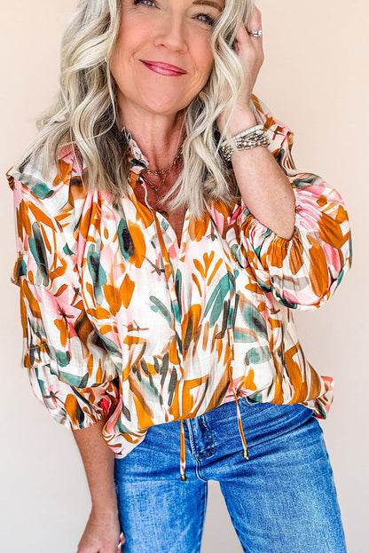 Yellow Abstract Print Drawstring Frilled V Neck 3/4 Sleeve Blouse - Tops/Blouses & Shirts
