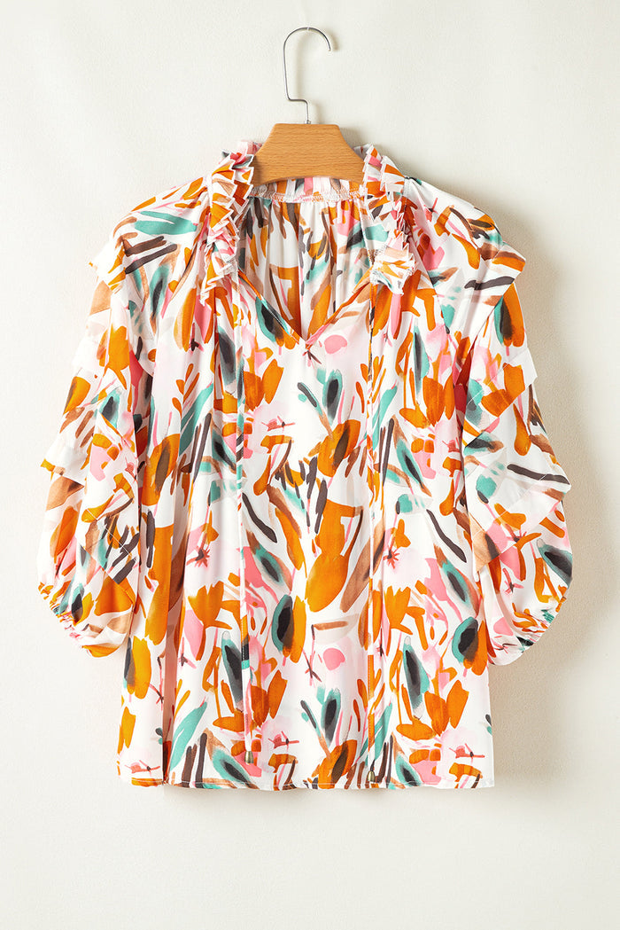 Yellow Abstract Print Drawstring Frilled V Neck 3/4 Sleeve Blouse - Tops/Blouses & Shirts
