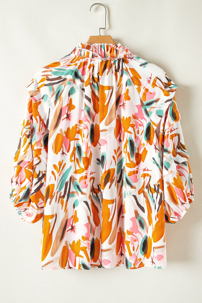 Yellow Abstract Print Drawstring Frilled V Neck 3/4 Sleeve Blouse - Tops/Blouses & Shirts
