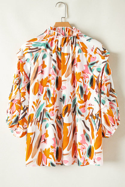 Yellow Abstract Print Drawstring Frilled V Neck 3/4 Sleeve Blouse - Tops/Blouses & Shirts