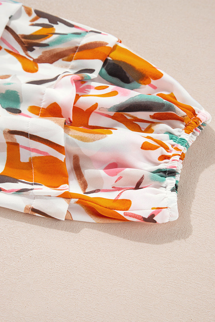 Yellow Abstract Print Drawstring Frilled V Neck 3/4 Sleeve Blouse - Tops/Blouses & Shirts