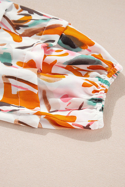 Yellow Abstract Print Drawstring Frilled V Neck 3/4 Sleeve Blouse - Tops/Blouses & Shirts