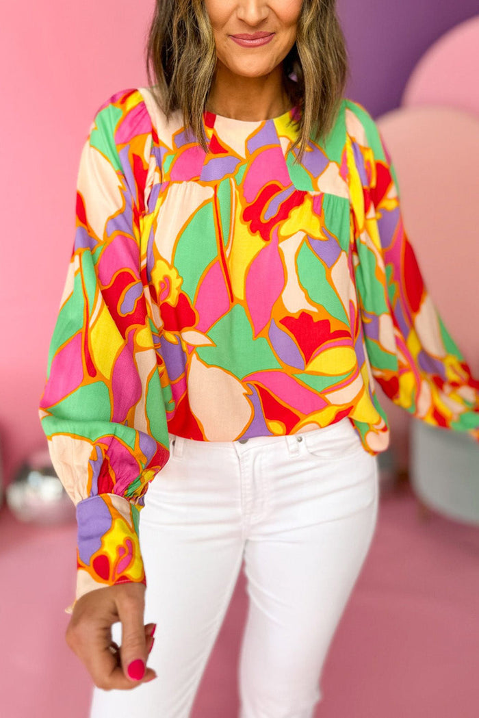 Yellow Abstract Print Puff Sleeve Blouse - YELLOW / S / 100% POLYESTER - Tops/Blouses & Shirts