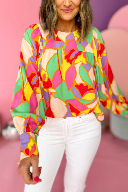 Yellow Abstract Print Puff Sleeve Blouse - YELLOW / S / 100% POLYESTER - Tops/Blouses & Shirts
