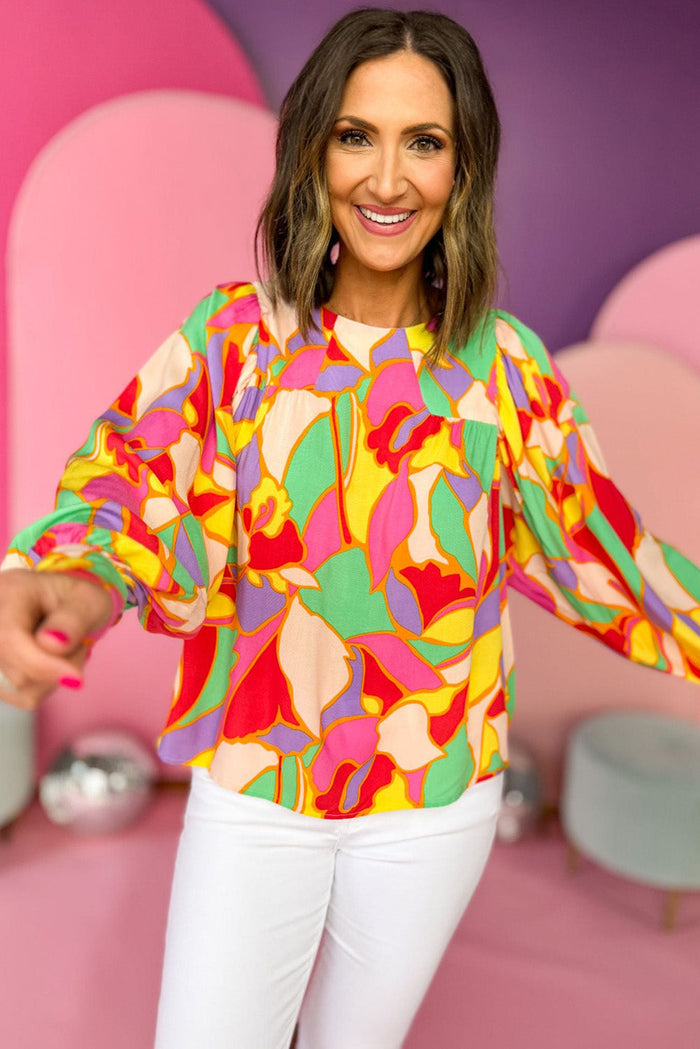 Yellow Abstract Print Puff Sleeve Blouse - Tops/Blouses & Shirts
