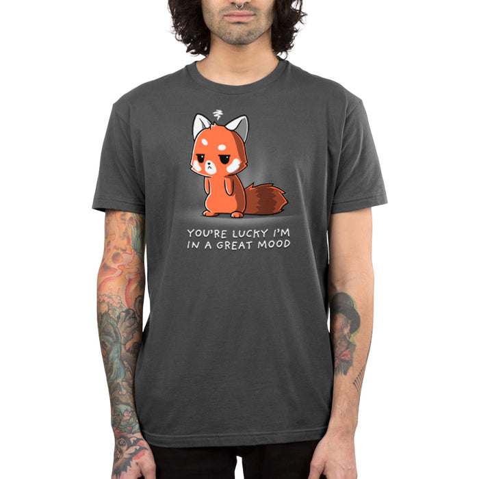 Premium Cotton T-shirt_TeeTurtle charcoal gray You're Lucky I'm in a Great Mood apparel featuring a red panda with an annoyed expression, caption reads, "you're lucky I'm in a great mood".