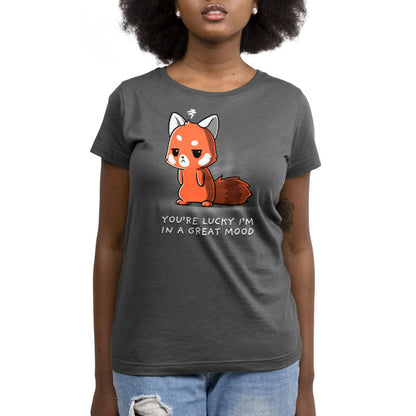 Premium Cotton T-shirt_TeeTurtle charcoal gray You're Lucky I'm in a Great Mood apparel featuring a red panda with an annoyed expression, caption reads, "you're lucky I'm in a great mood".