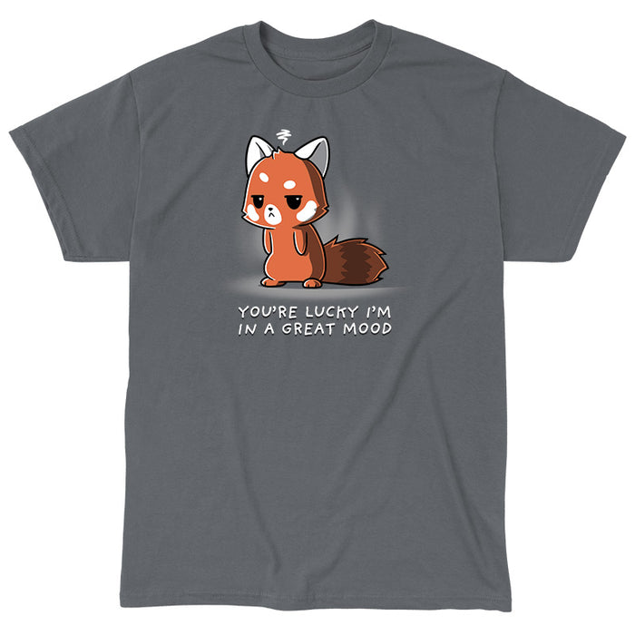 Classic Cotton T-shirt_TeeTurtle charcoal gray You're Lucky I'm in a Great Mood apparel featuring a red panda with an annoyed expression, caption reads, "you're lucky I'm in a great mood".