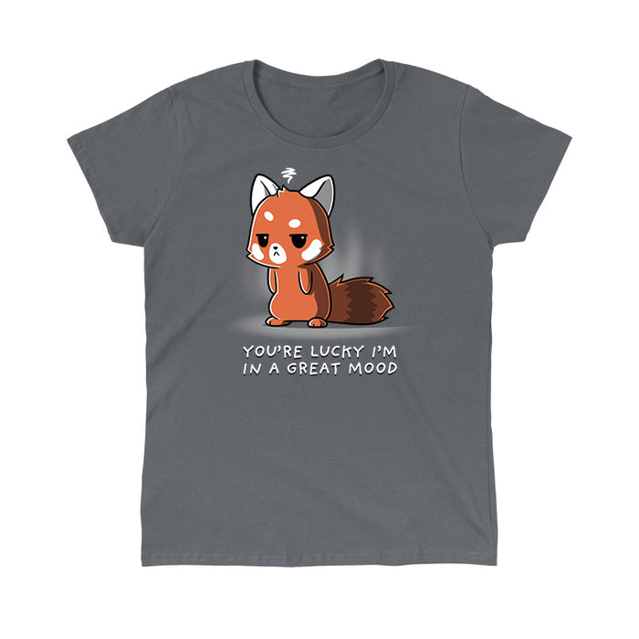 Classic Cotton T-shirt_TeeTurtle charcoal gray You're Lucky I'm in a Great Mood apparel featuring a red panda with an annoyed expression, caption reads, "you're lucky I'm in a great mood".