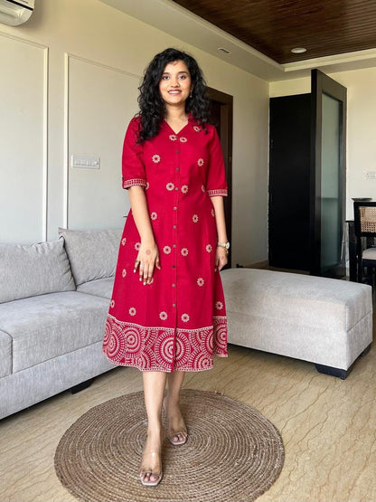 Ziva A-line Embroidered Dress- Red