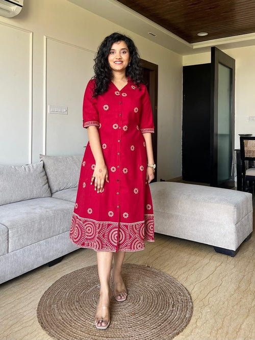 Ziva A-line Embroidered Dress- Red