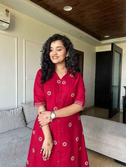 Ziva A-line Embroidered Dress- Red
