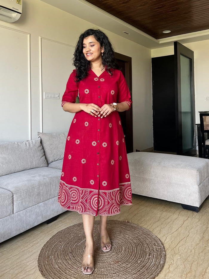 Ziva A-line Embroidered Dress- Red