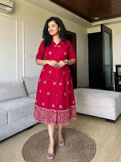 Ziva A-line Embroidered Dress- Red