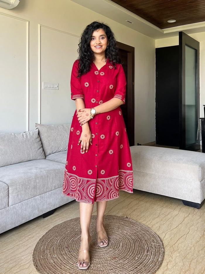 Ziva A-line Embroidered Dress- Red