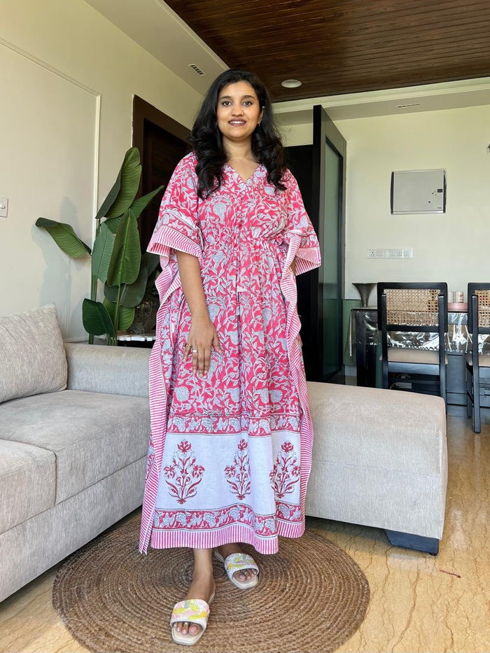 Zura Block Print Kaftan- Pink Jaal