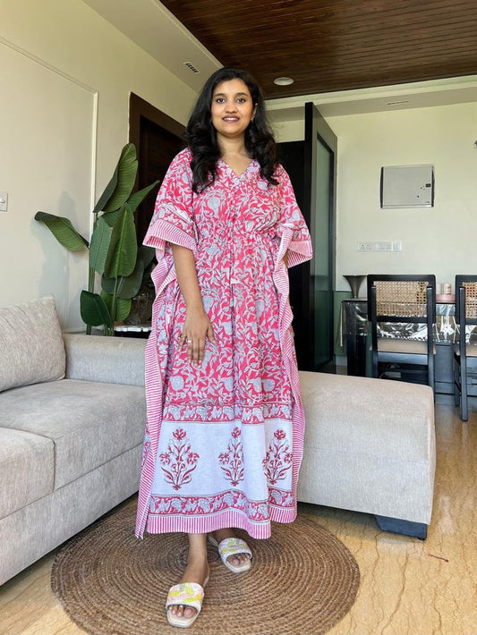 Zura Block Print Kaftan- Pink Jaal